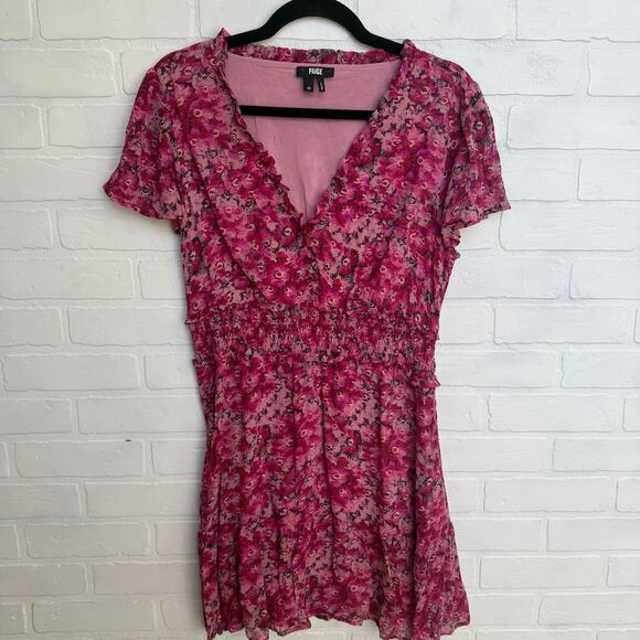 PAIGE Giannina Pink Floral Print Fit and Flare V neck Silk Dress sz M - Picture 2 of 7